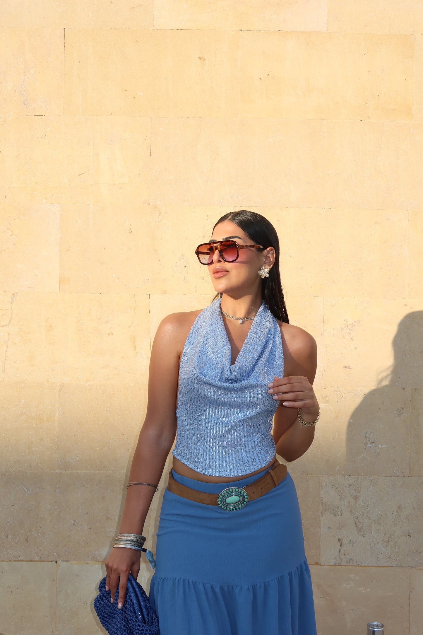 Baby Blue Shine Wrap Top
