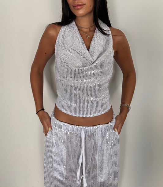 Silver White Shine Wrap Top